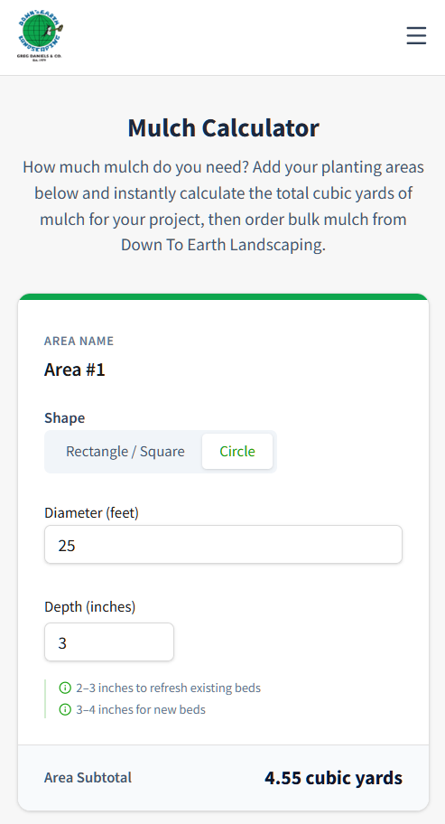 Down To Earth Landscaping mulch calculator — customer entering area dimensions on mobile