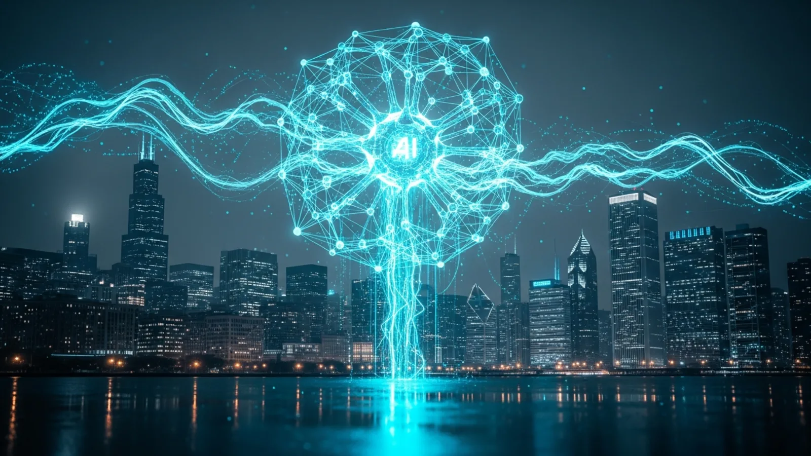 Chicago AI Adoption Consultant, an AI neural network glowing over the Chicago skyline