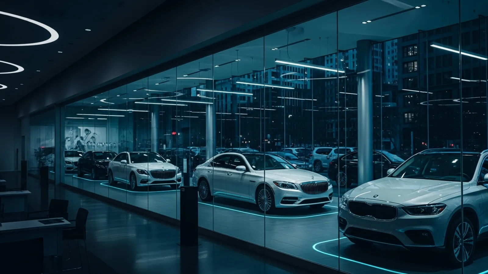 Chicago car dealership SEO, a modern Chicago car dealership showroom
