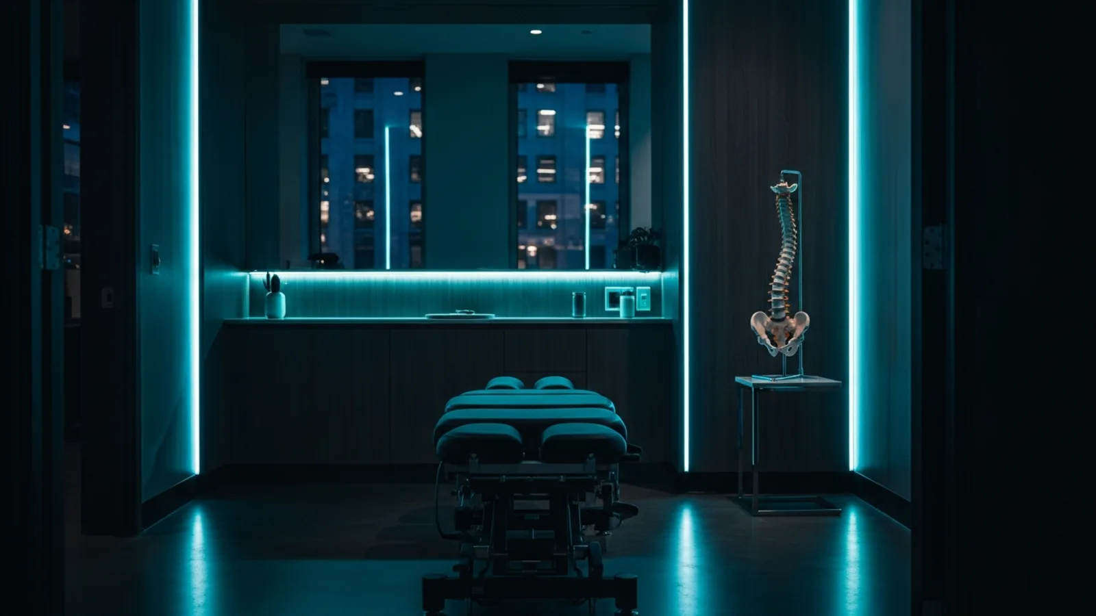Chicago chiropractor SEO, a modern Chicago chiropractic clinic with an adjustment table