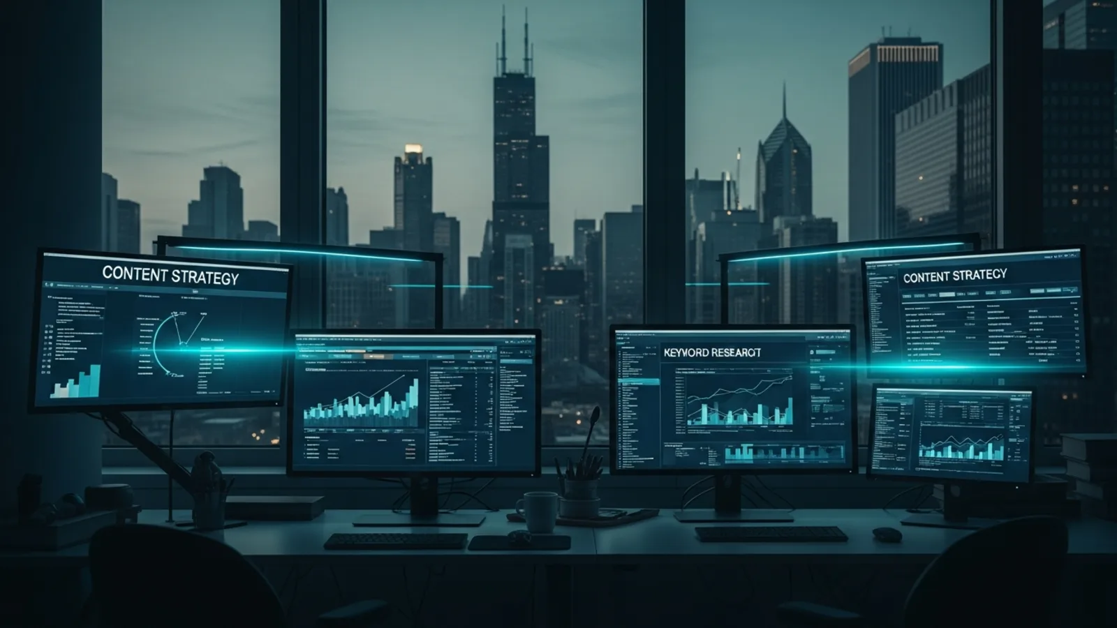 Chicago Content SEO, a content strategy workspace with the Chicago skyline beyond