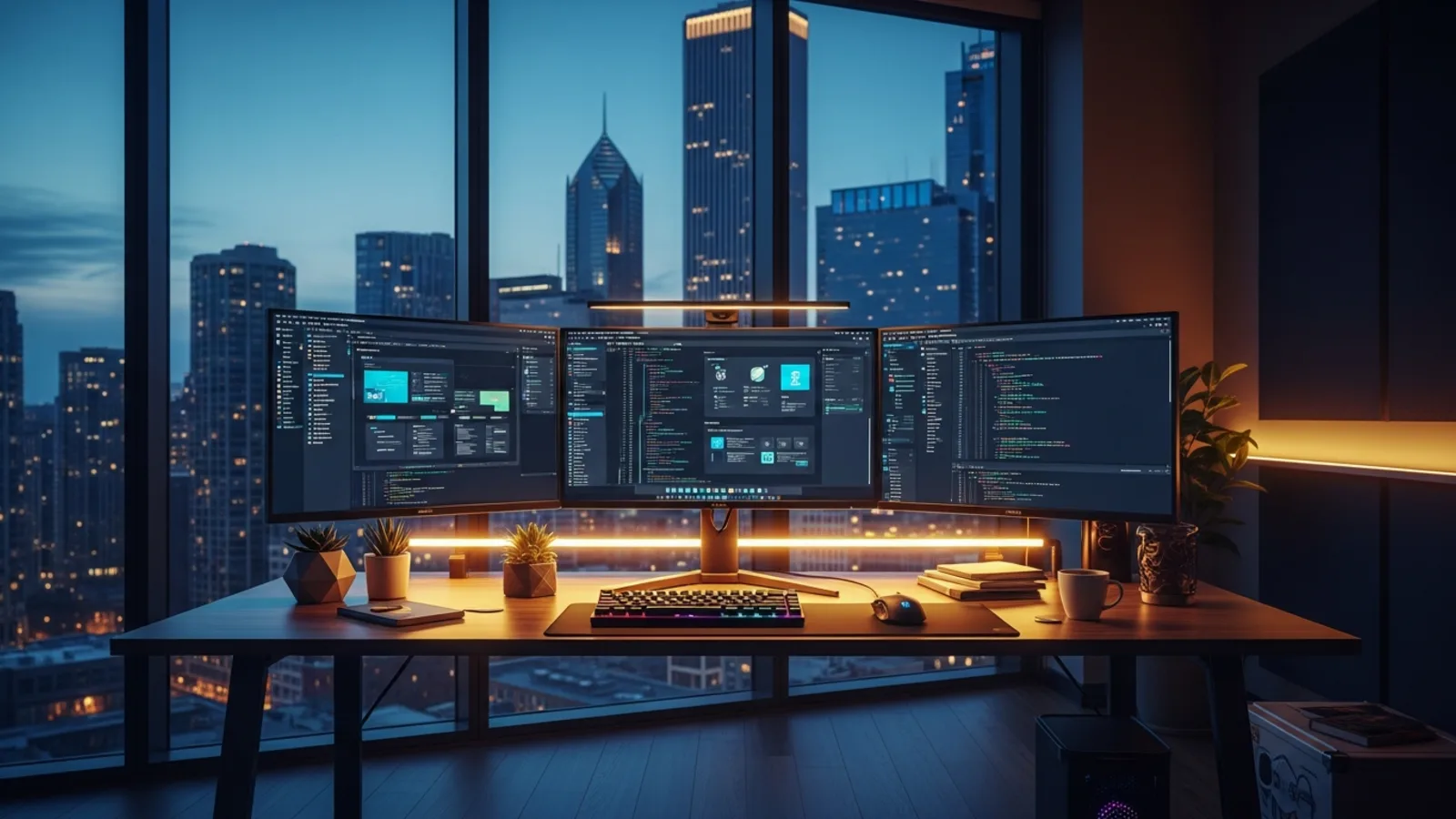 Chicago custom tools and app development, a modern developer workspace with UI mockups on screen and the Chicago skyline glowing through the window