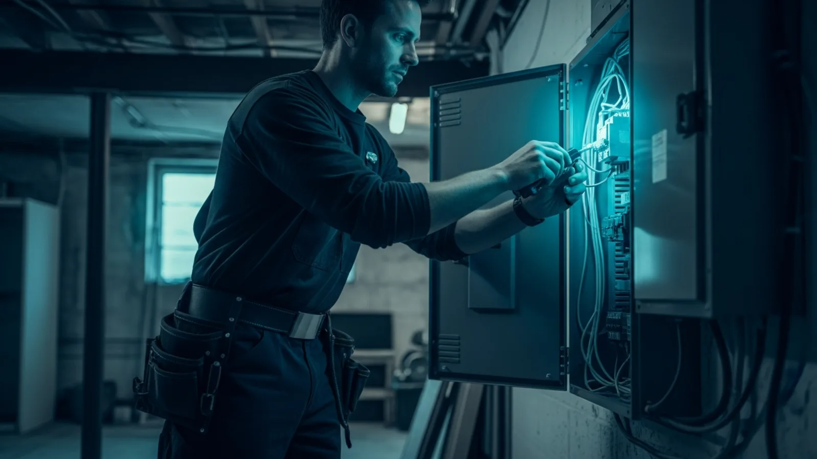 Chicago electrician SEO, a licensed electrician working on a panel in a Chicago home