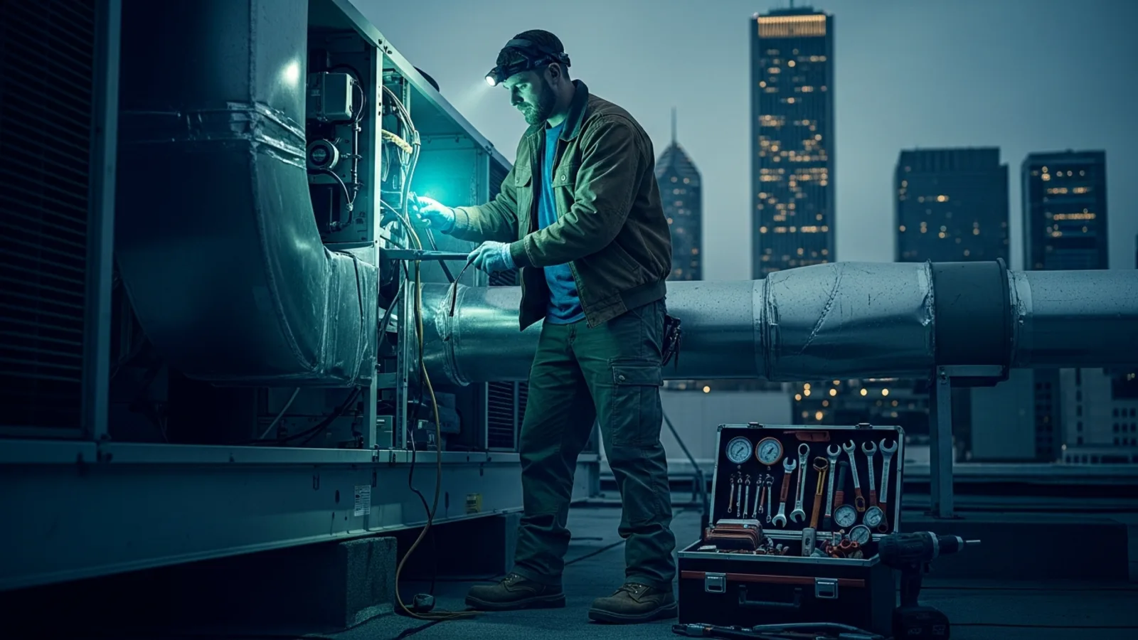 Chicago HVAC SEO, an HVAC technician servicing a commercial rooftop unit in Chicago