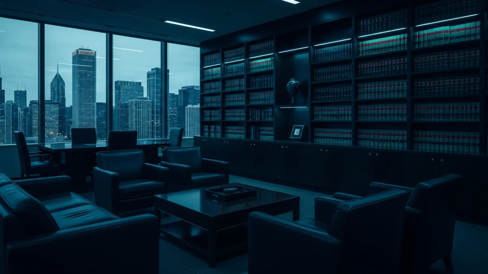 Chicago law firm SEO, a downtown Chicago law office overlooking the skyline at dusk