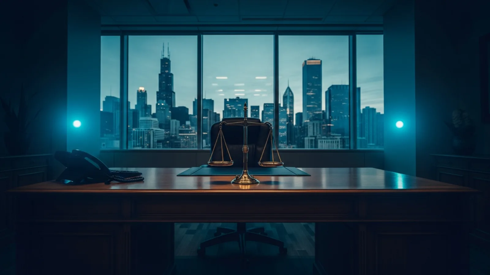 Chicago personal injury lawyer SEO, a Chicago attorney's office with scales of justice and a city view