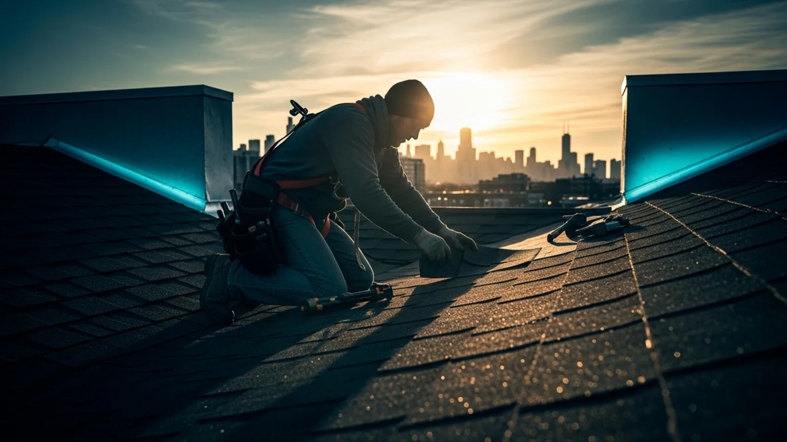 Chicago roofing SEO, a roofing contractor on a Chicago rooftop at golden hour