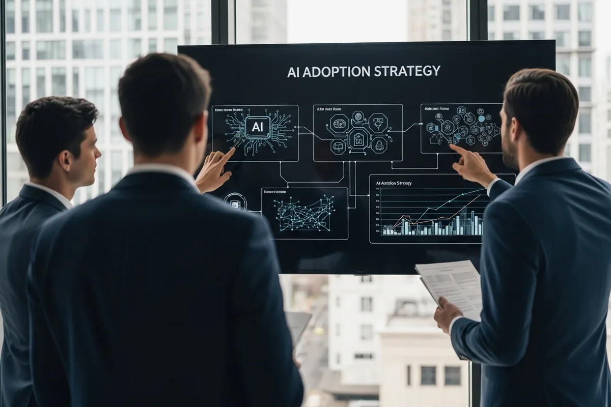 Chicago AI Adoption Consultant, a team reviewing an AI strategy on a large display