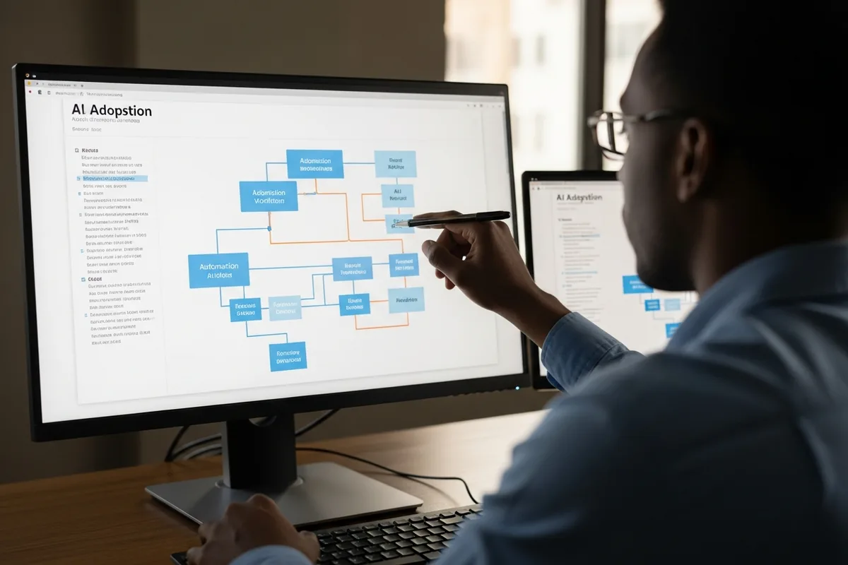 Chicago AI Adoption Consultant, an AI adoption consultant configuring an AI workflow on screen, over the shoulder