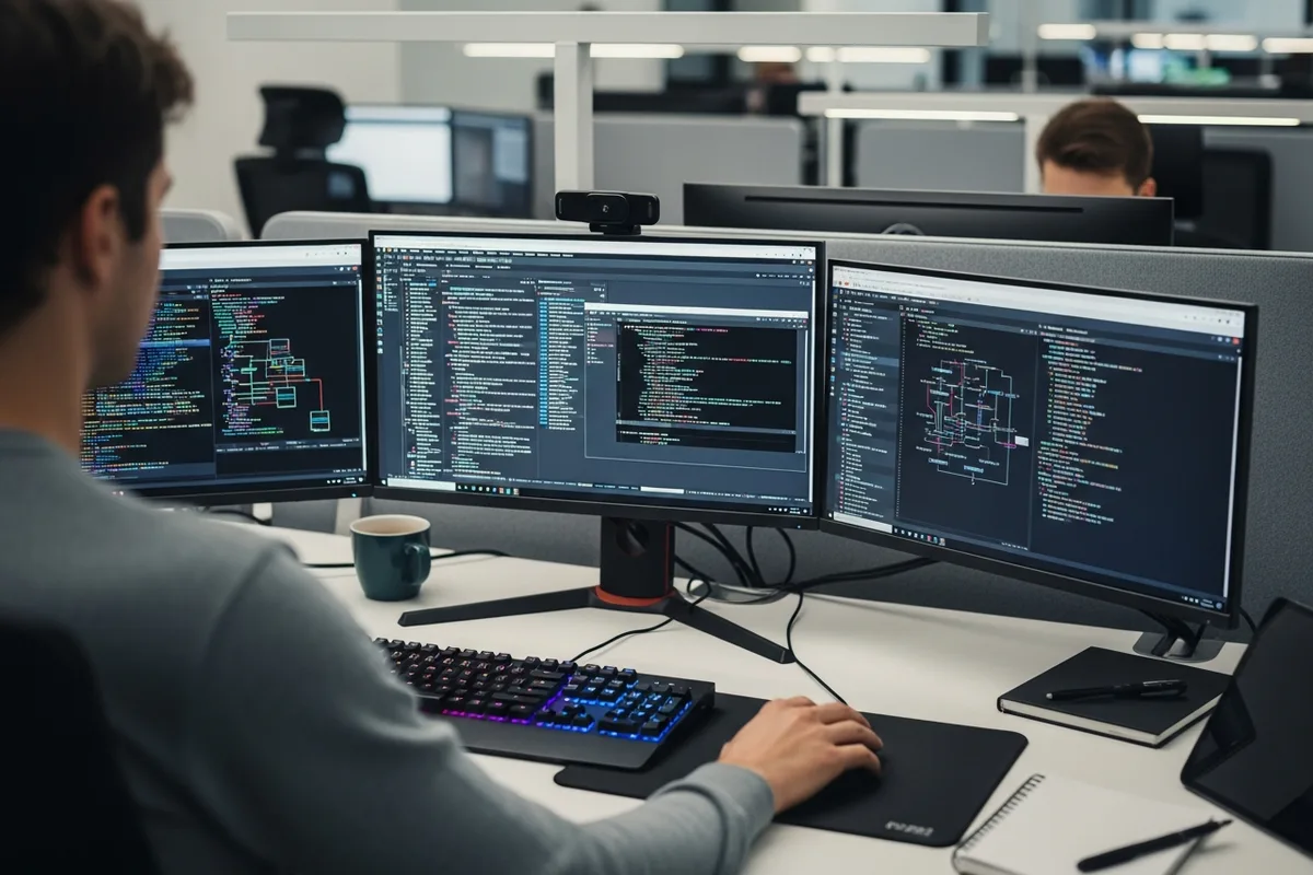 Chicago API and MCP integrations, an engineer working at a multi-monitor workstation with API documentation, seen over the shoulder
