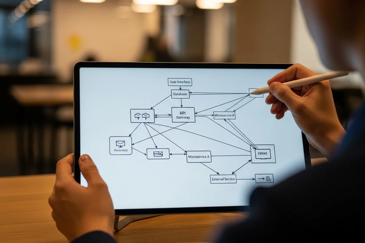 Chicago API and MCP integrations, sketching a systems integration diagram connecting business tools, seen over the shoulder