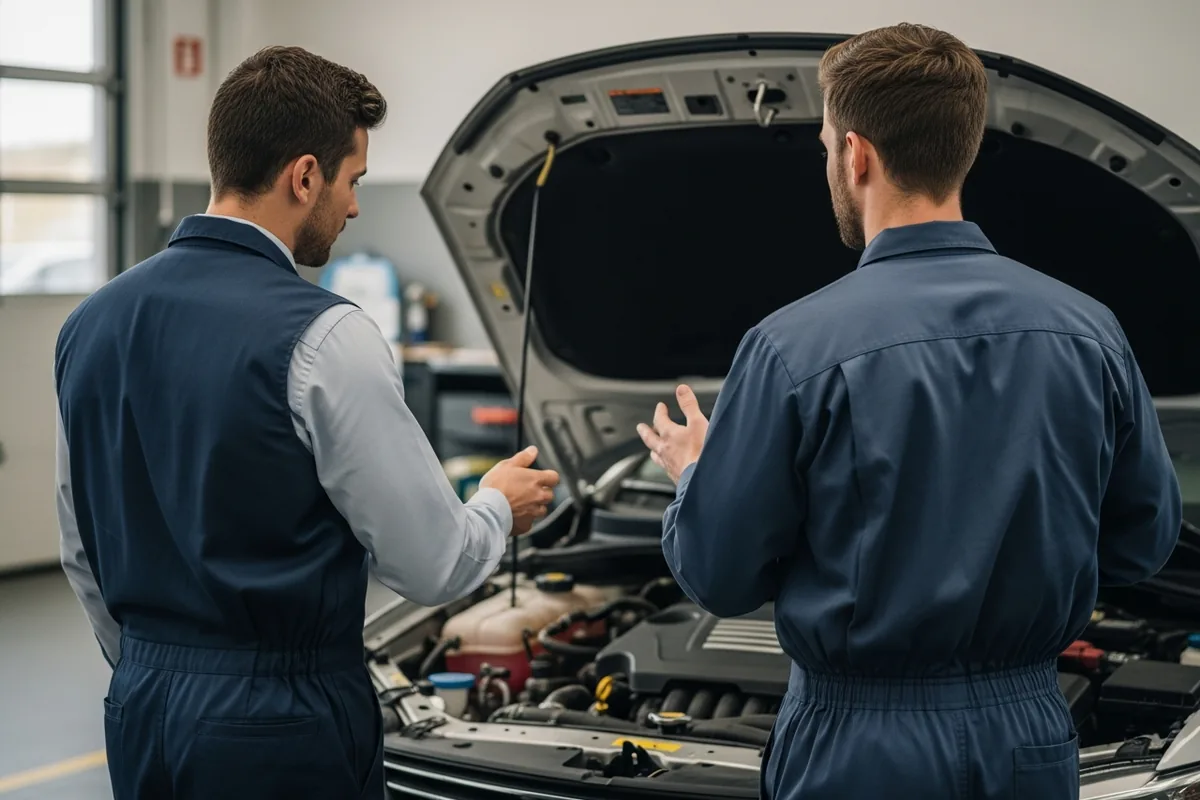 Chicago auto repair SEO, a mechanic explaining a repair to a customer in the shop