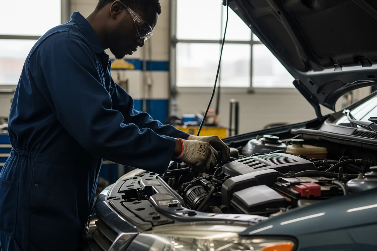Chicago auto repair SEO, a Chicago mechanic working under a car hood, hands in focus
