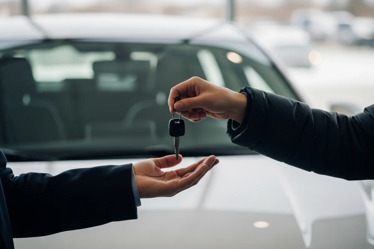 Chicago car dealership SEO, a customer receiving keys to a new car, hands in focus