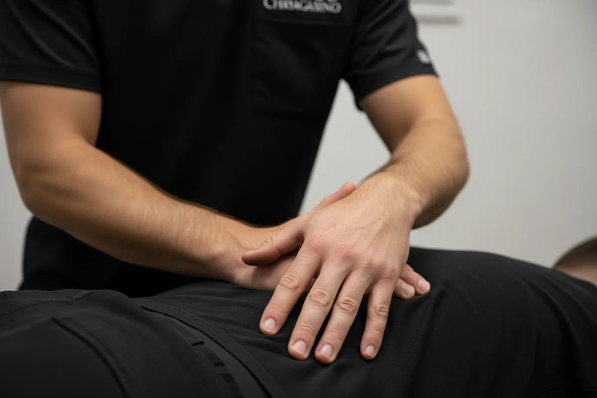Chicago chiropractor SEO, a Chicago chiropractor performing a spinal adjustment, hands in focus