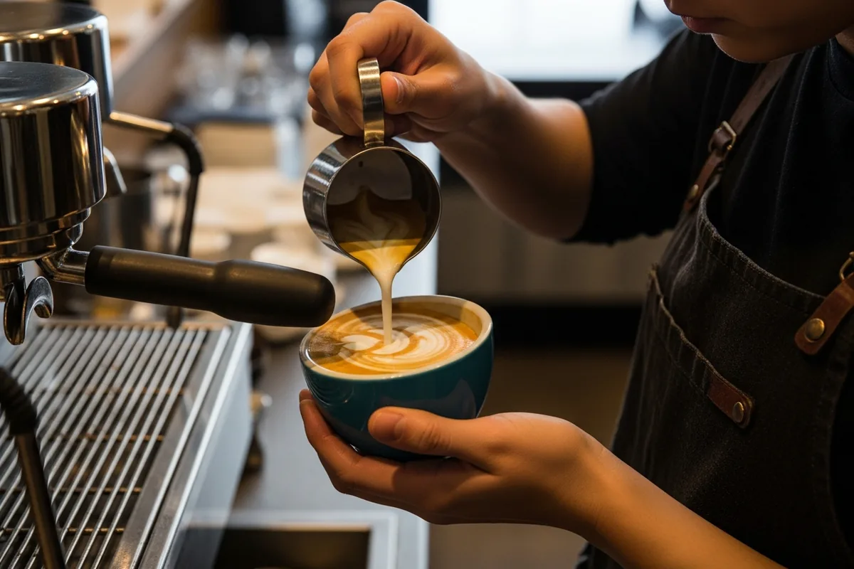 Chicago coffee shop SEO, a Chicago barista pouring latte art, hands in focus