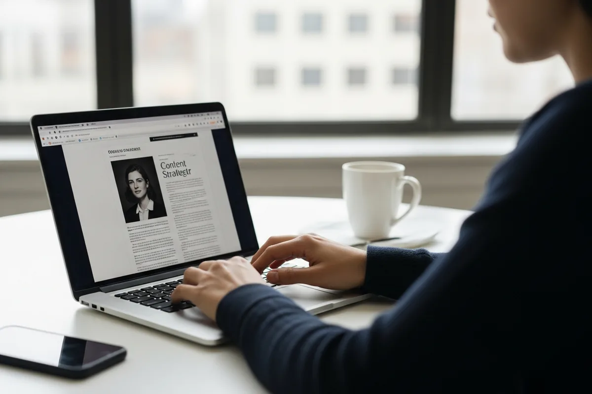 Chicago Content SEO, a content strategist drafting an article at a laptop, hands in focus