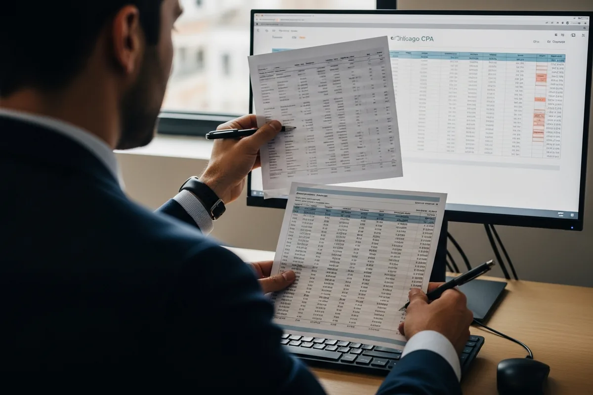 Chicago CPA SEO, a Chicago CPA reviewing financial statements at a desk, over the shoulder