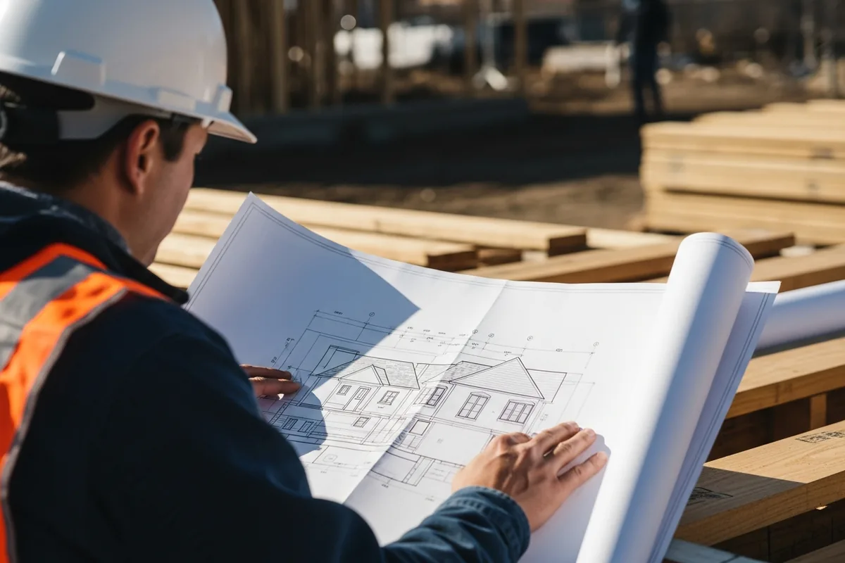Chicago custom home builder SEO, a Chicago custom home builder reviewing blueprints on site, hands in focus