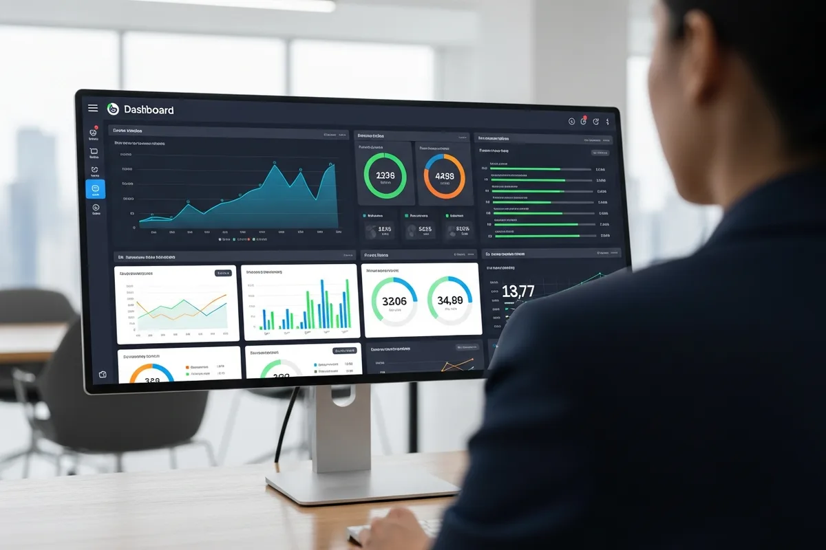 Chicago custom tools and app development, reviewing a custom business dashboard with live metrics, seen over the shoulder