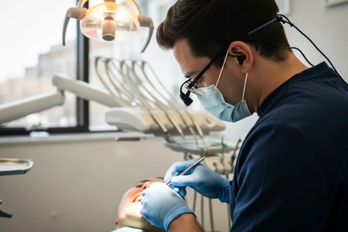 Chicago dentist SEO, a Chicago dentist treating a patient in a modern clinic, viewed over the shoulder