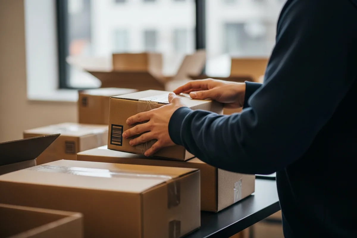Chicago ecommerce SEO, a Chicago ecommerce worker packing orders in a warehouse, hands in focus