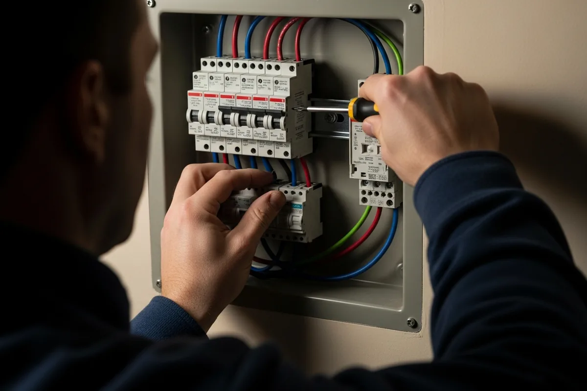 Chicago electrician SEO, a Chicago electrician wiring an electrical panel, hands in focus