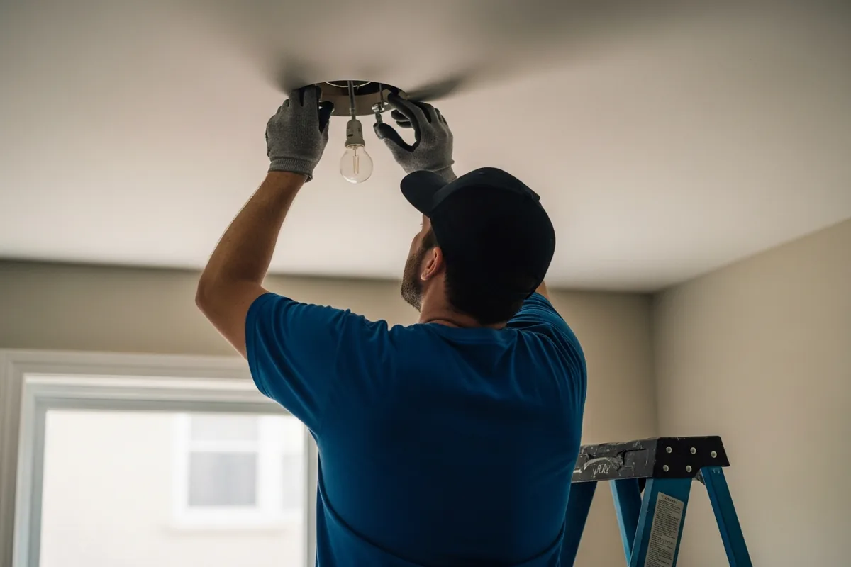 Chicago electrician SEO, an electrician on a ladder installing a light fixture