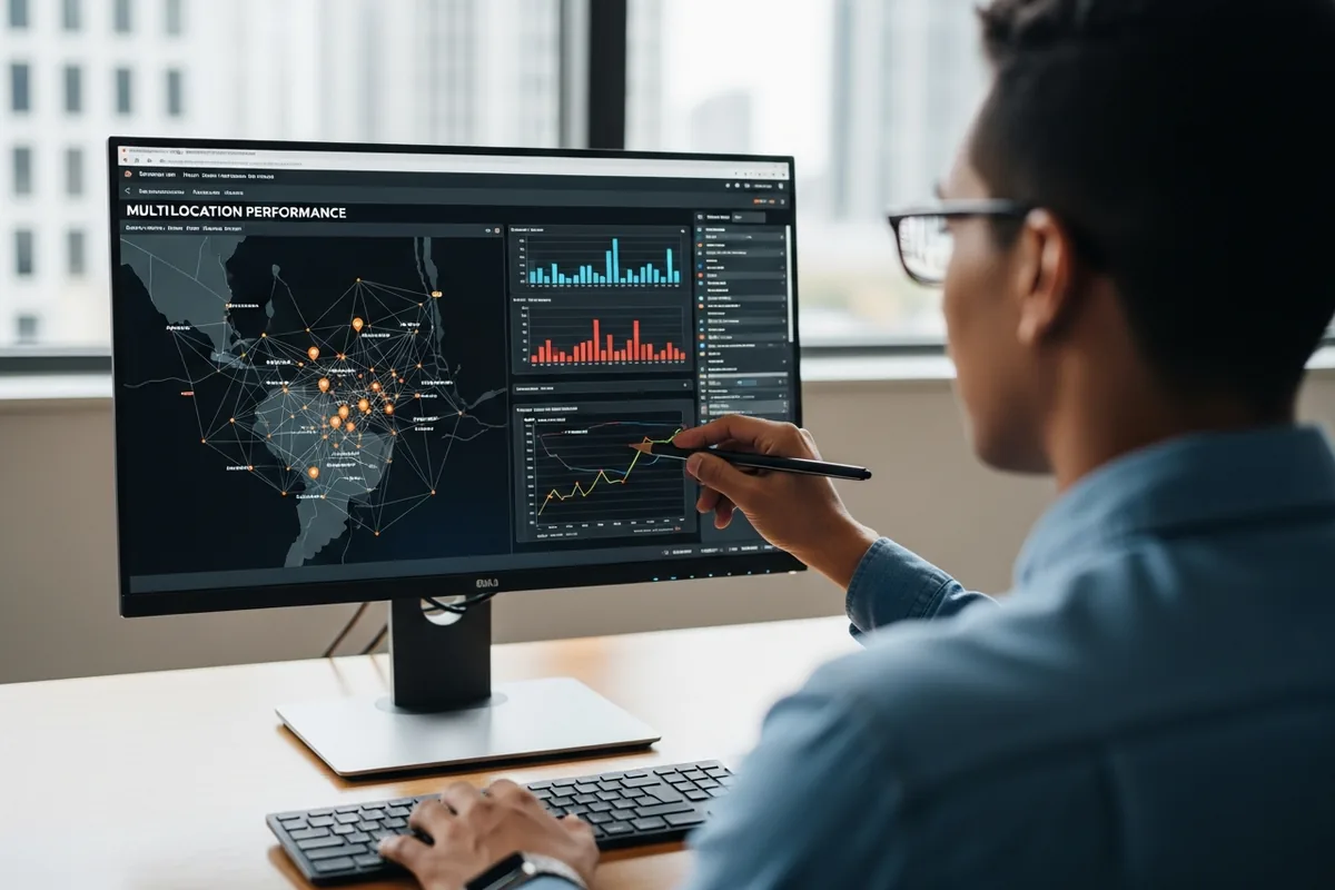 Chicago Enterprise SEO, an enterprise SEO strategist reviewing multi-location performance, over the shoulder