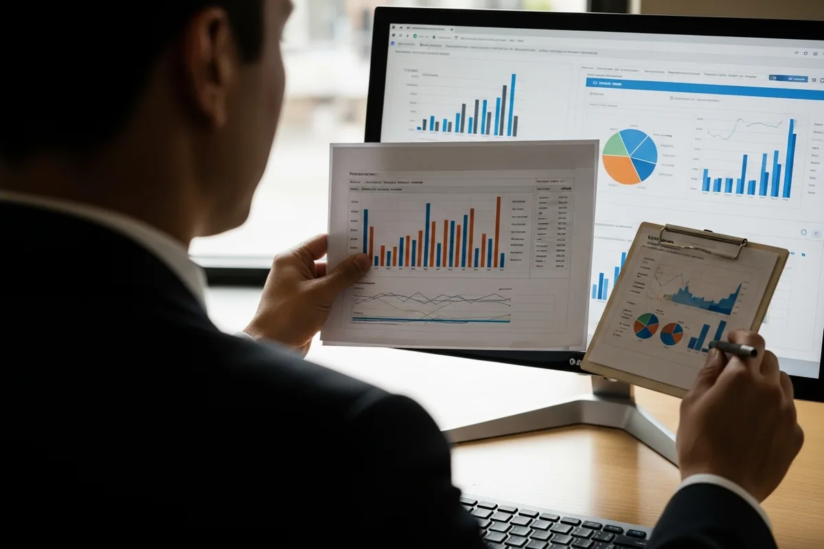 Chicago financial advisor SEO, a Chicago financial advisor reviewing a portfolio on screen, over the shoulder