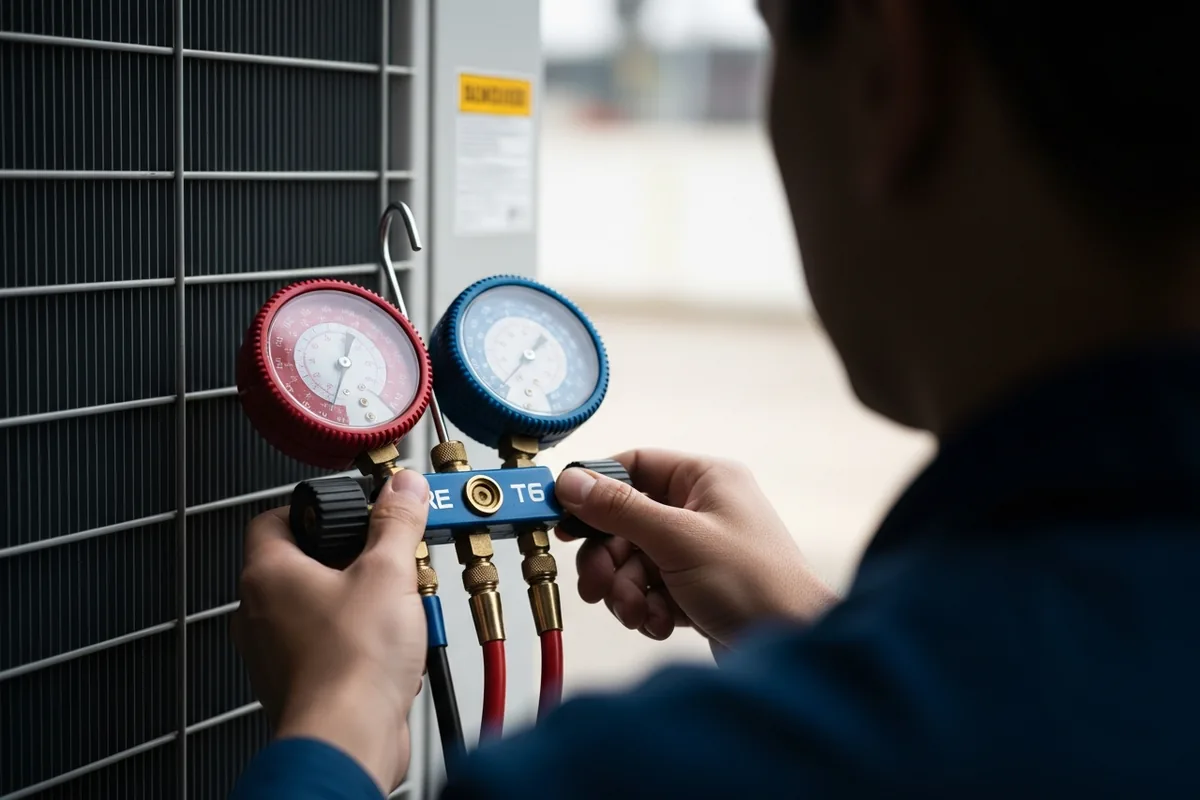 Chicago HVAC SEO, an HVAC technician checking refrigerant gauges, hands in focus