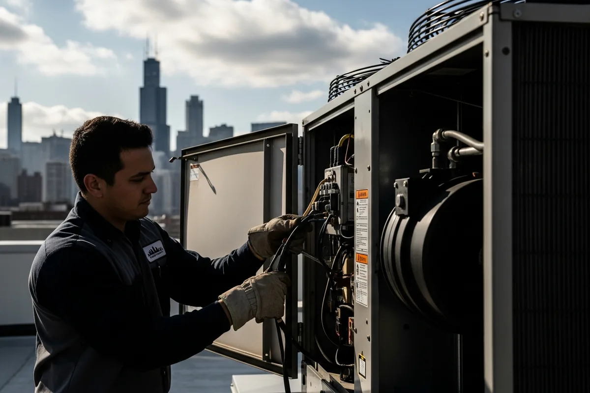 Chicago HVAC SEO, a Chicago HVAC technician servicing a rooftop unit, over the shoulder