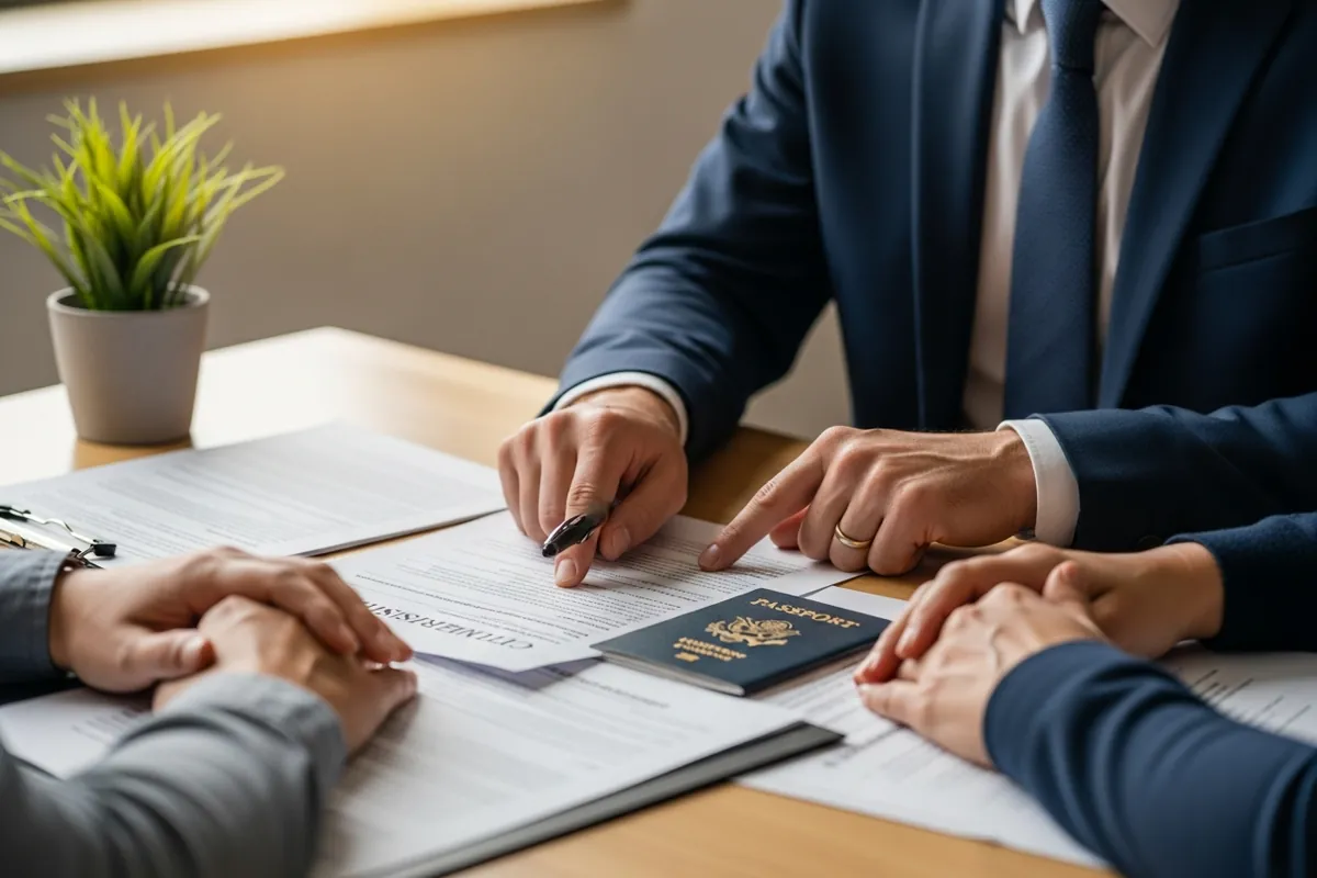 Chicago immigration lawyer SEO, a family consulting an immigration attorney in a Chicago office