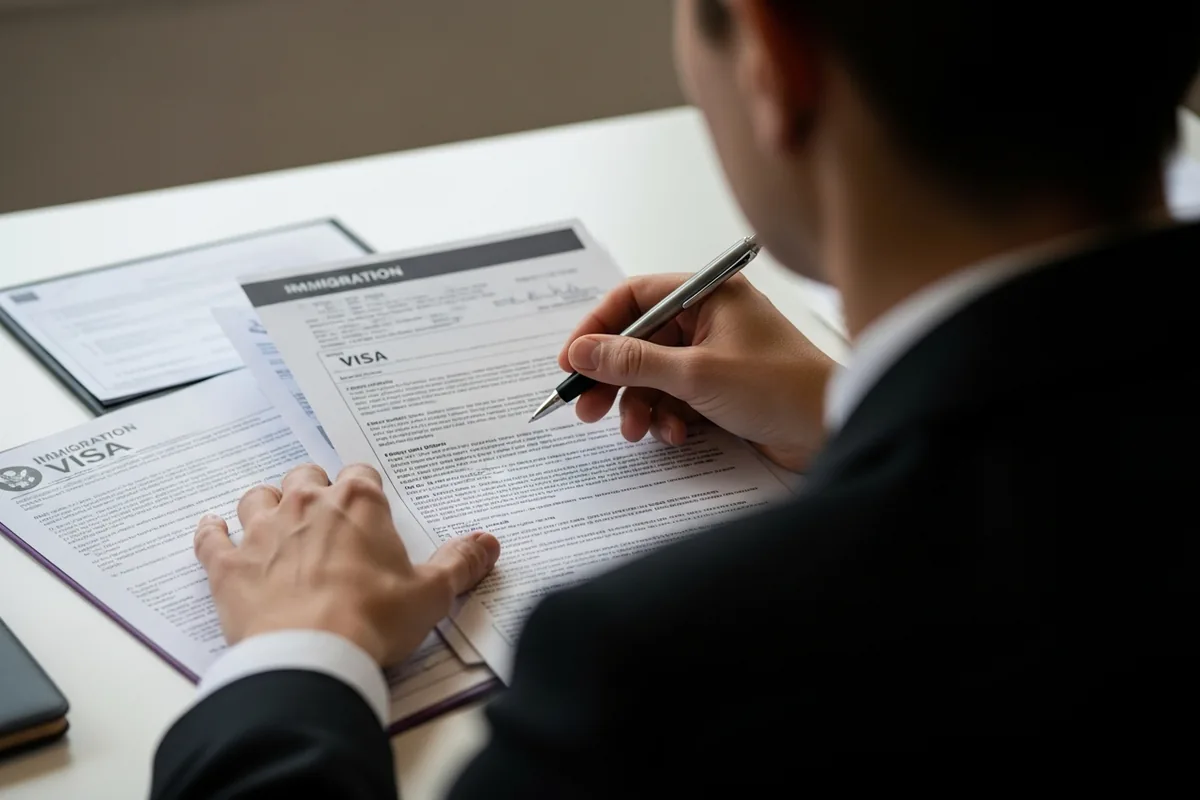 Chicago immigration lawyer SEO, a Chicago immigration lawyer organizing visa paperwork, hands in focus