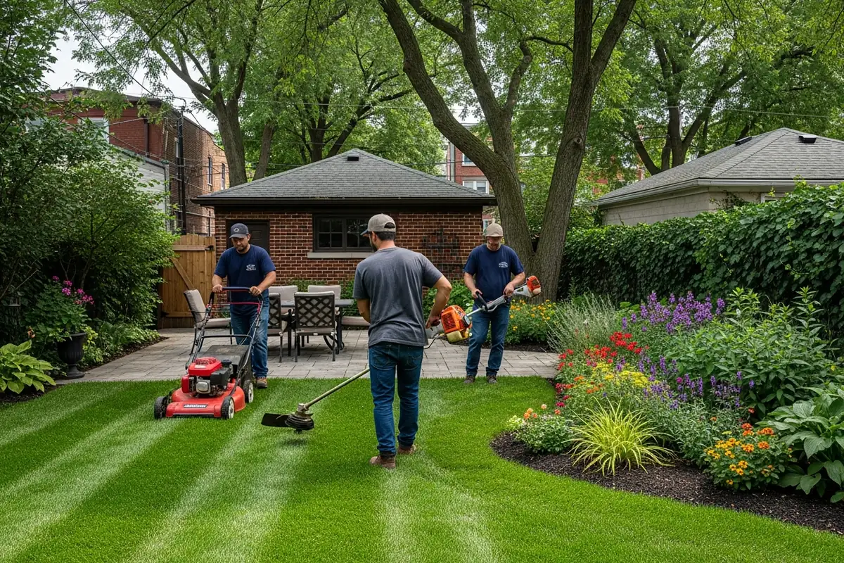 Chicago landscaping SEO, a landscaping crew maintaining a Chicago backyard