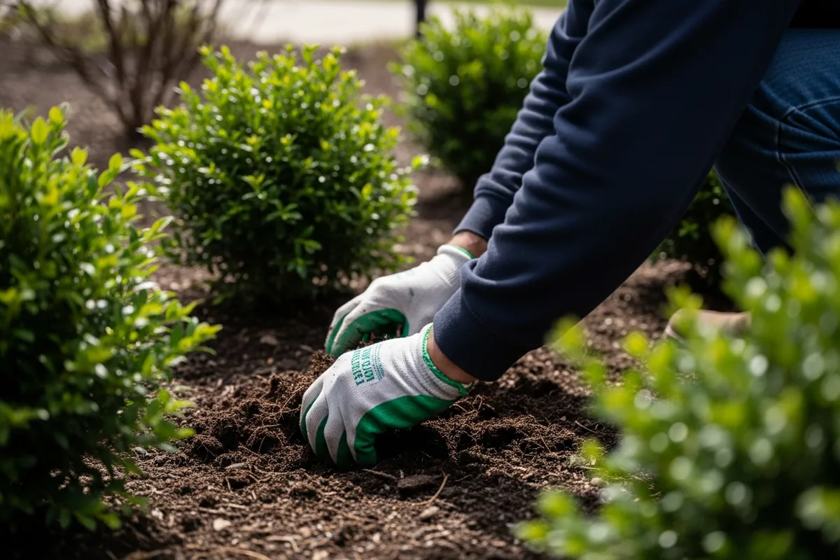 Chicago landscaping SEO, a Chicago landscaper planting shrubs in a garden, hands in focus