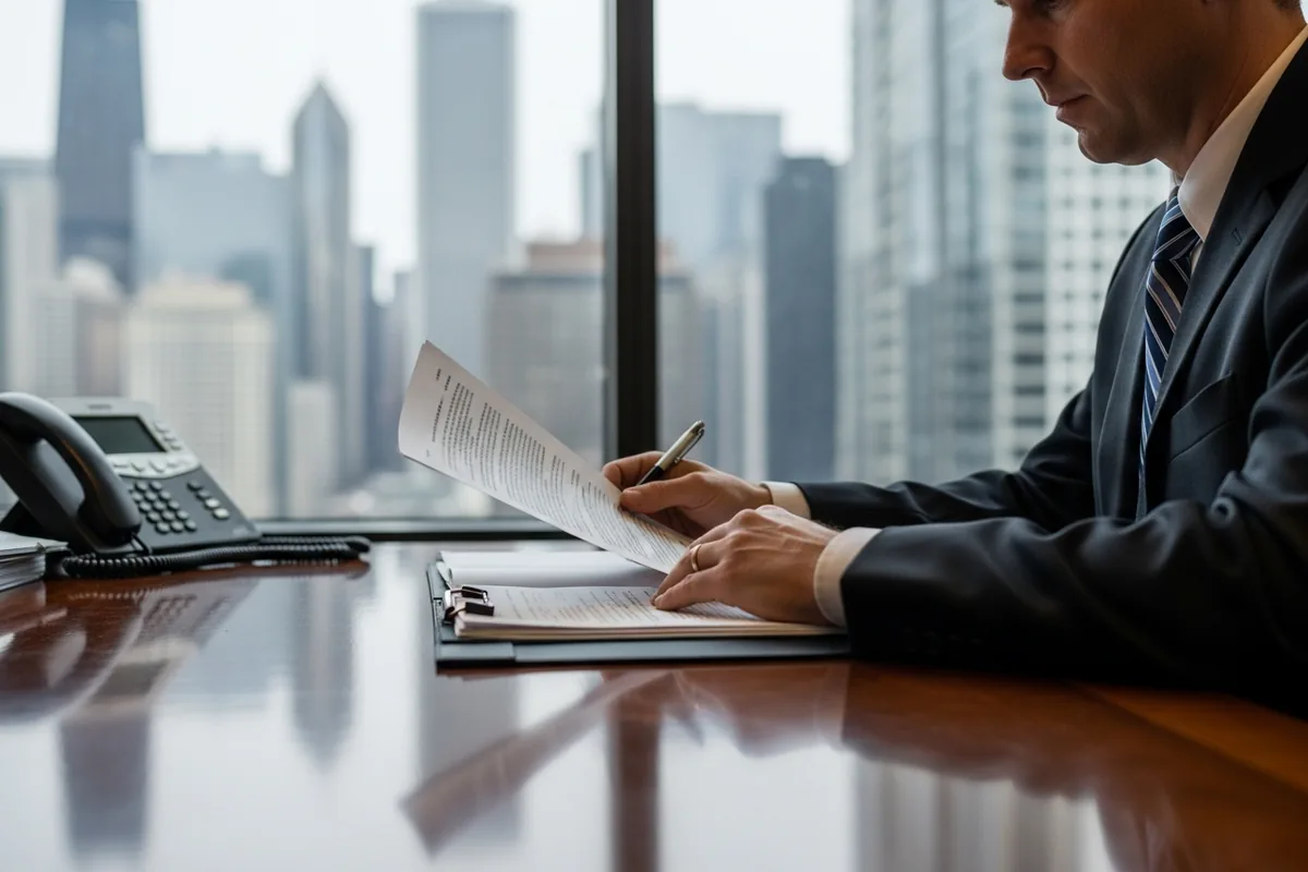 Chicago law firm SEO, a Chicago attorney reviewing case documents at a desk, seen over the shoulder