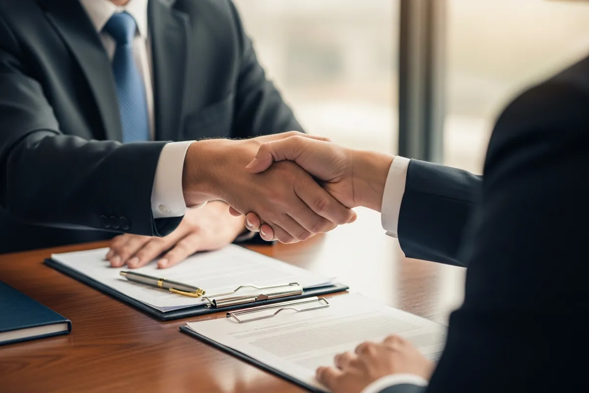 Chicago law firm SEO, a lawyer shaking hands with a client across a conference table