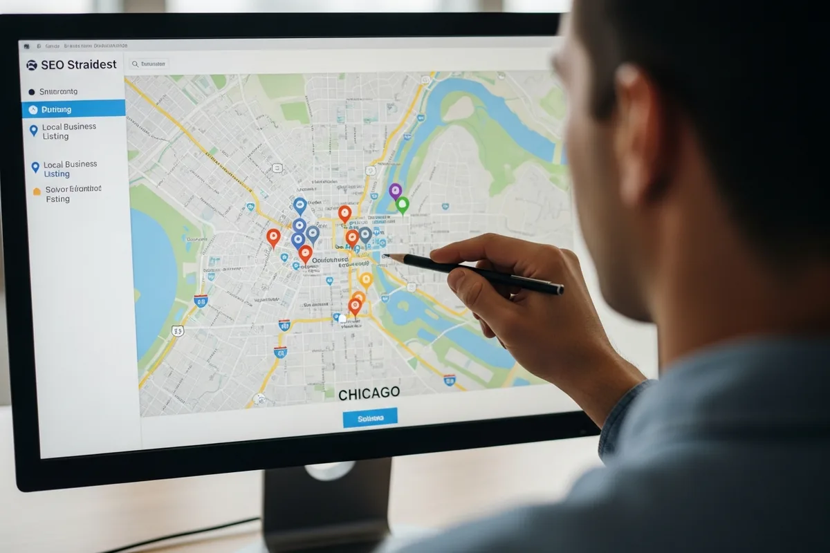 Chicago Local SEO, an SEO strategist reviewing a map of Chicago local listings on screen, over the shoulder