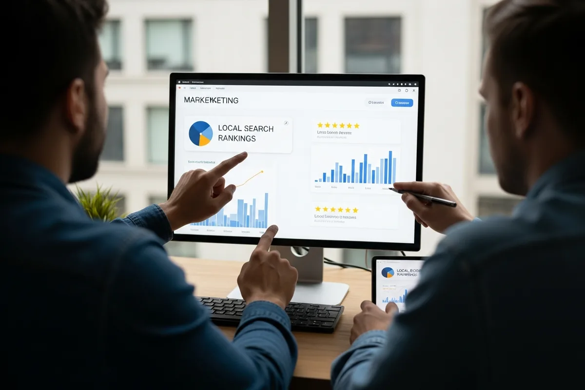 Chicago Local SEO, a marketing team reviewing local rankings and customer reviews