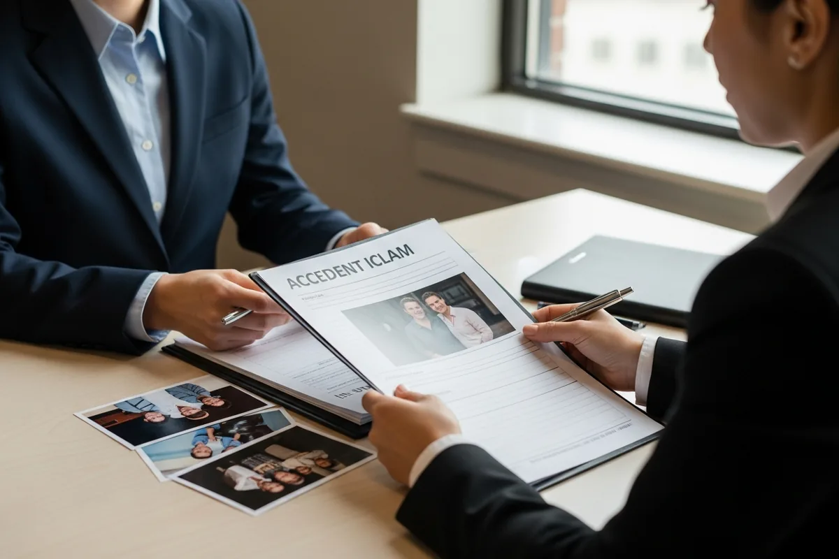 Chicago personal injury lawyer SEO, a Chicago personal injury attorney reviewing an accident claim file, viewed over the shoulder