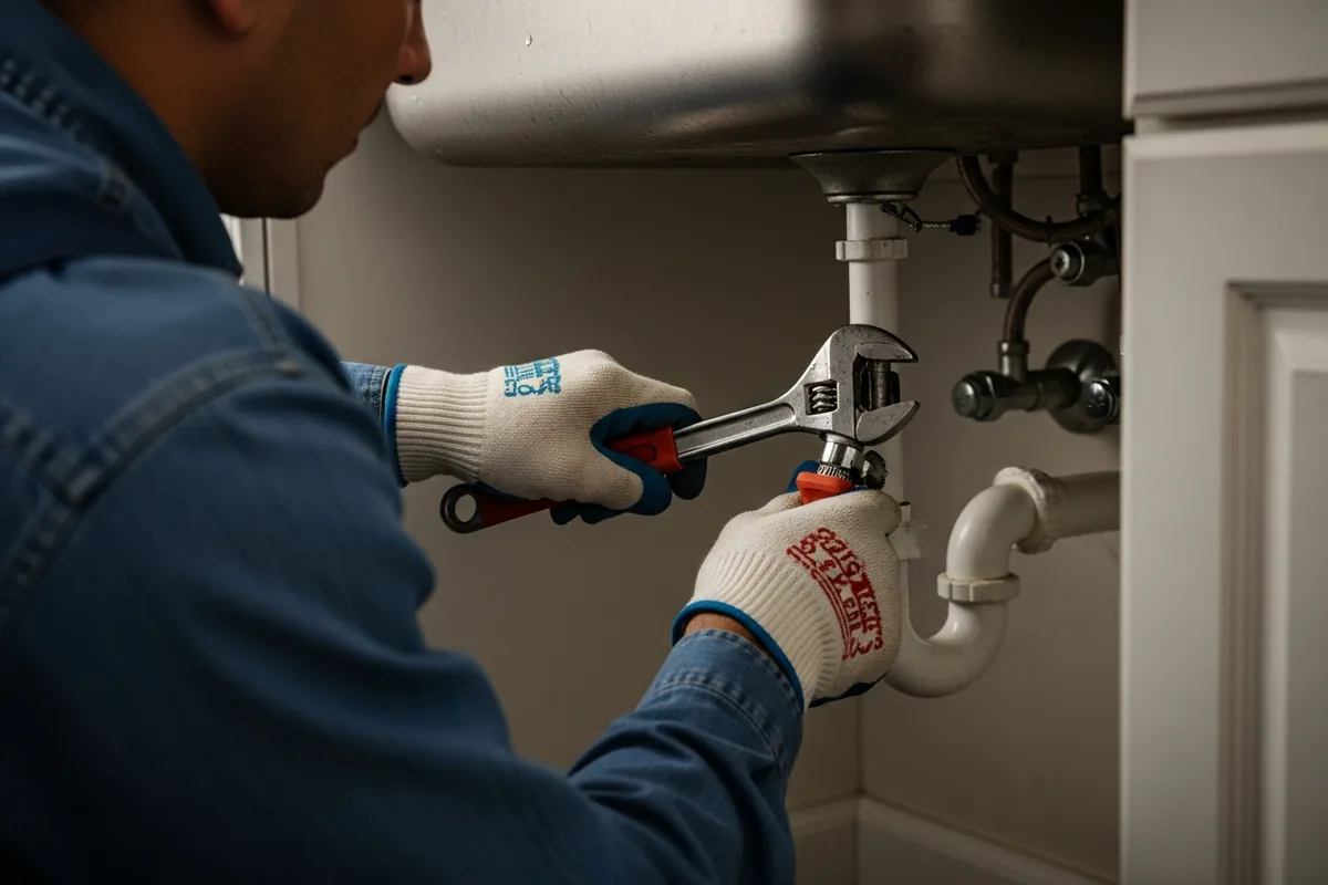 Chicago plumber SEO, a Chicago plumber repairing a pipe under a sink, hands and tools in focus