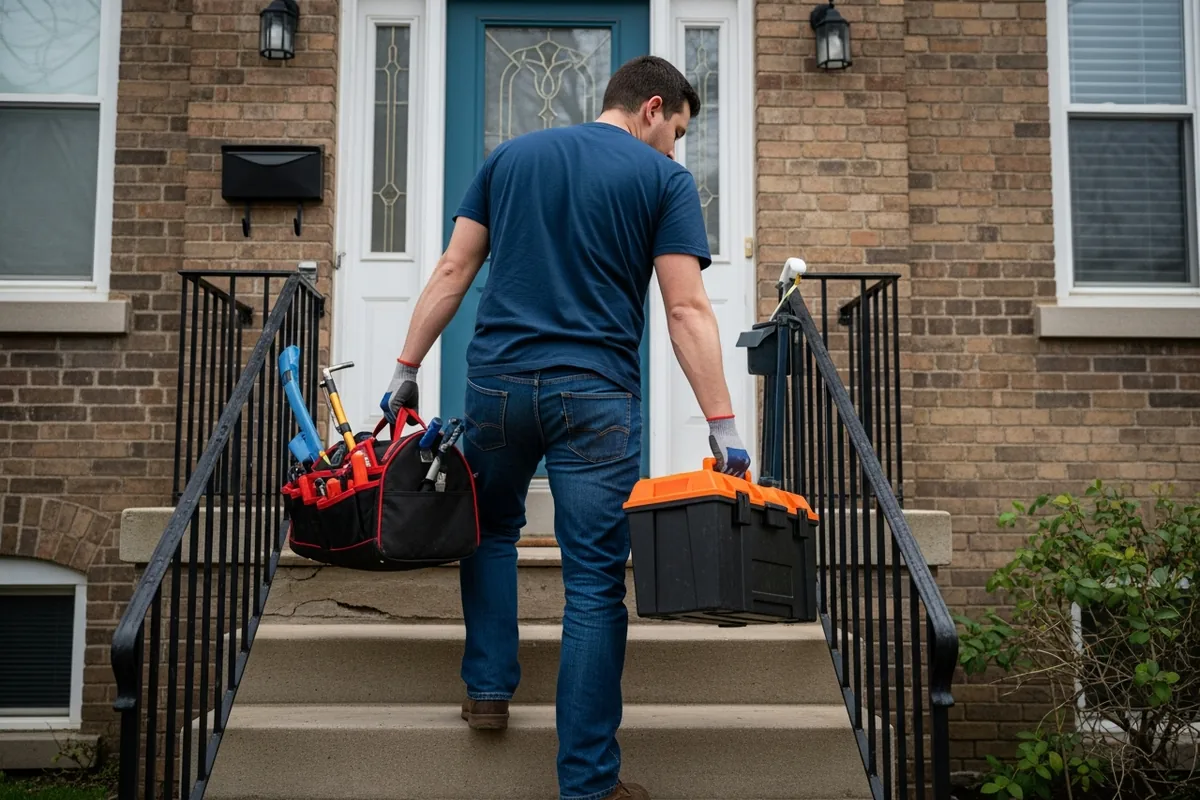 Chicago plumber SEO, a plumber carrying tools into a Chicago home