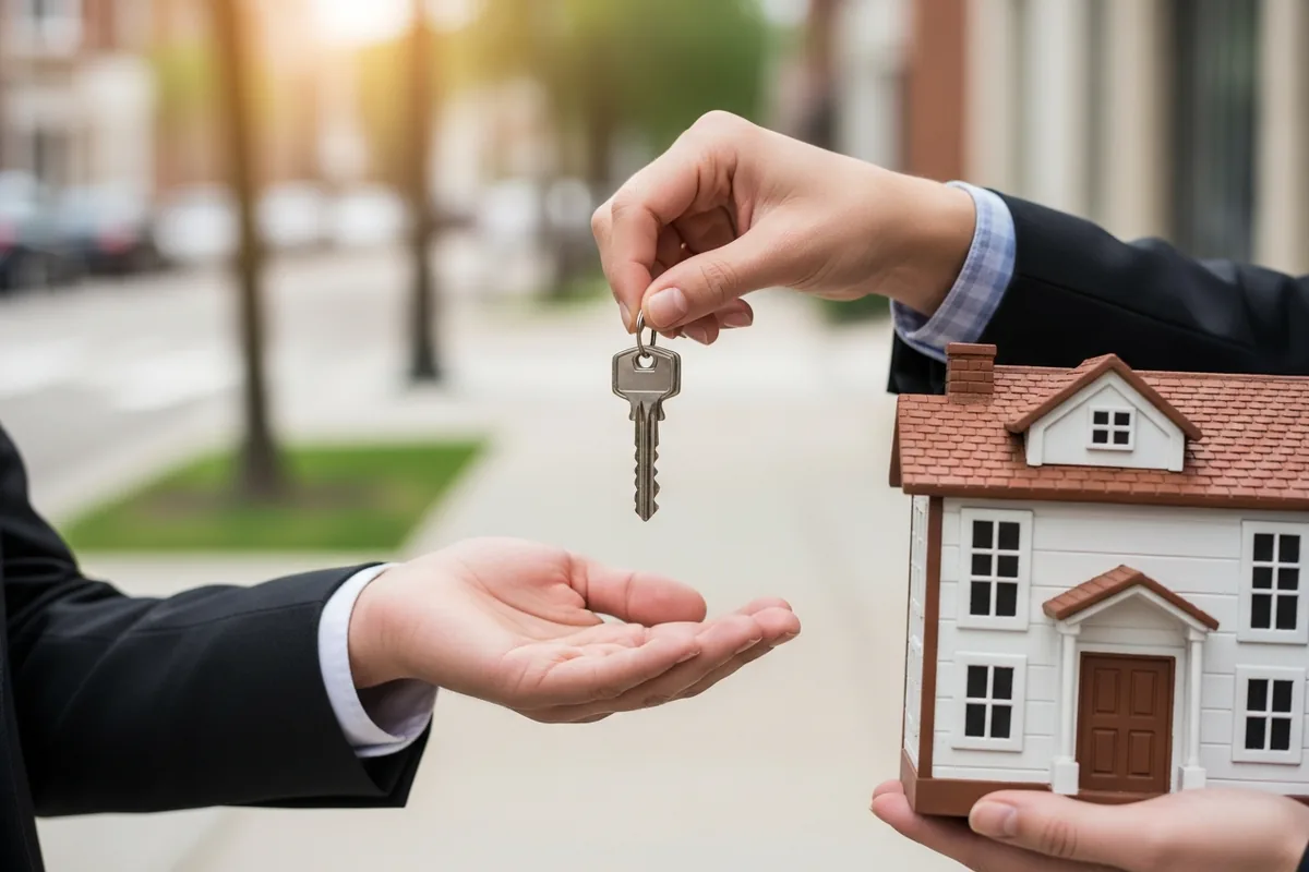 Chicago real estate agent SEO, a real estate agent handing over house keys, hands in focus