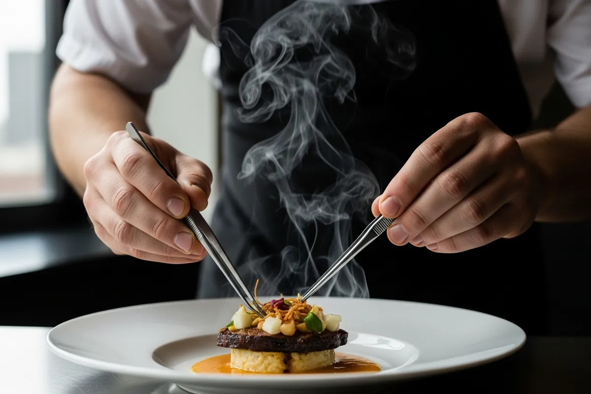 Chicago restaurant SEO, a Chicago chef plating a dish in a restaurant kitchen, hands in focus