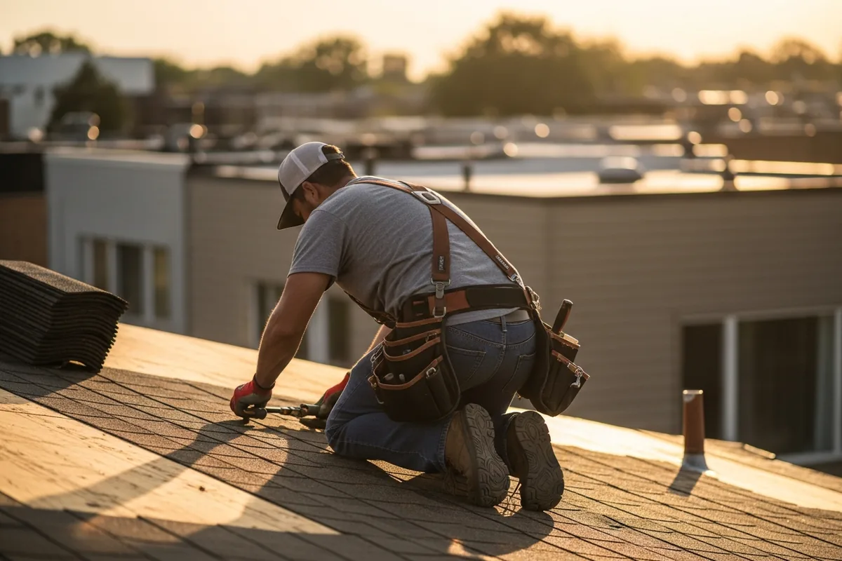 Chicago roofing SEO, a Chicago roofer installing shingles on a rooftop