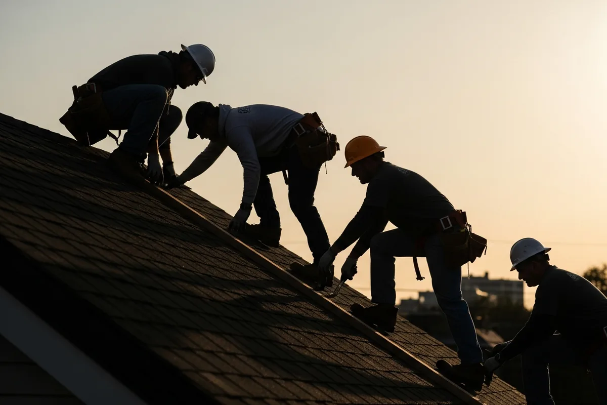 Chicago roofing SEO, a roofing crew working on a residential roof at golden hour