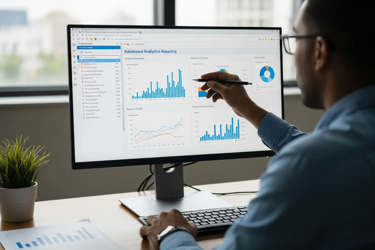 Chicago SEO Reporting Automation, an analyst building an automated reporting dashboard, over the shoulder