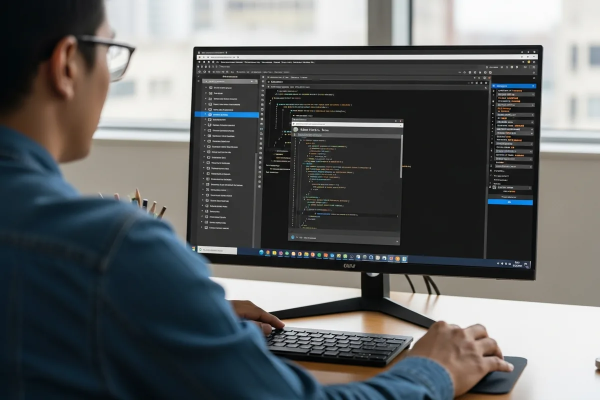 Chicago Technical SEO, a technical SEO developer auditing website code on a monitor, over the shoulder
