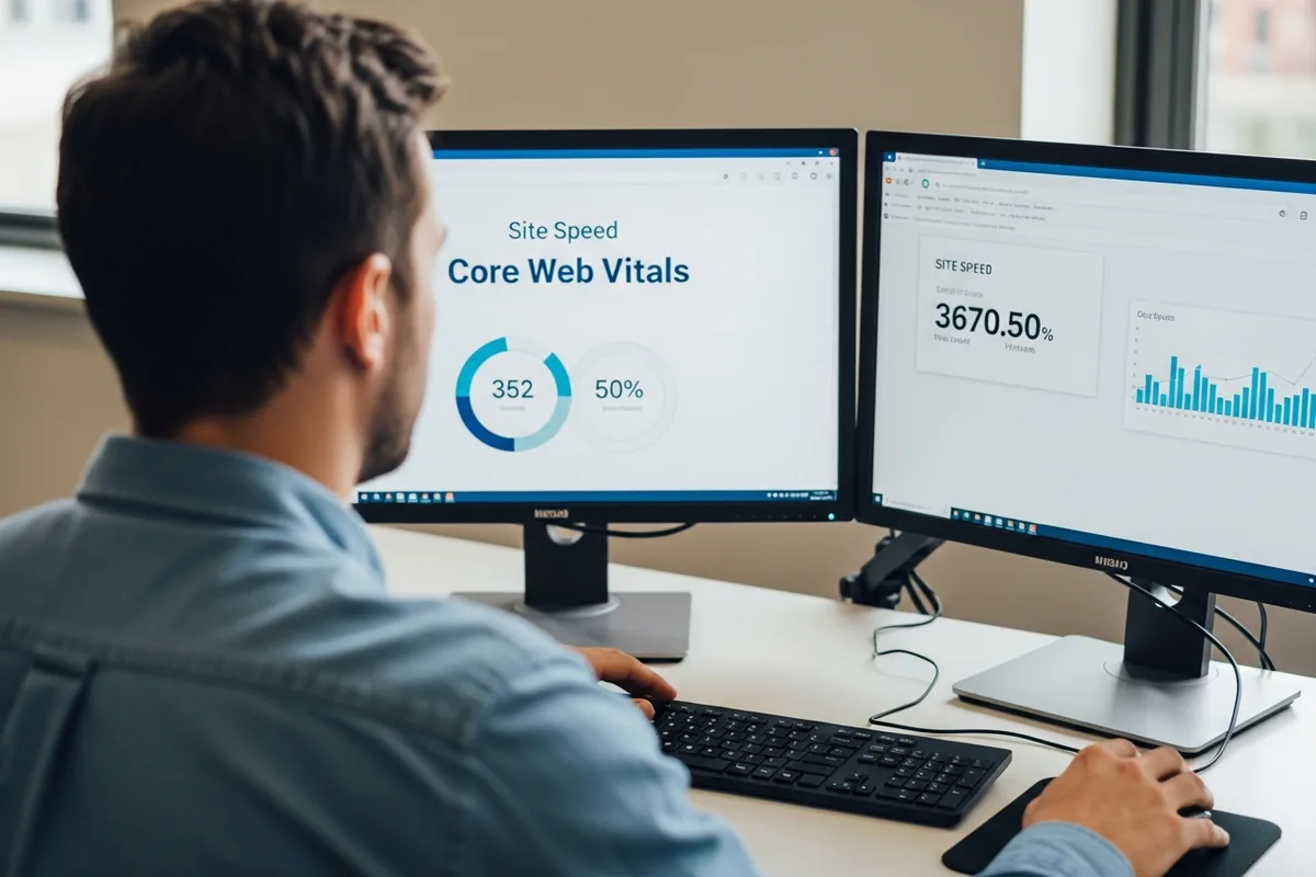Chicago Technical SEO, an engineer analyzing site speed metrics on dual screens, hands on keyboard